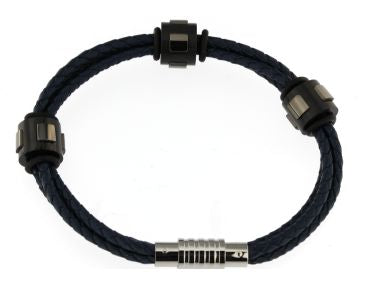 Blue Leather Bracelet w Steel Sq Bead