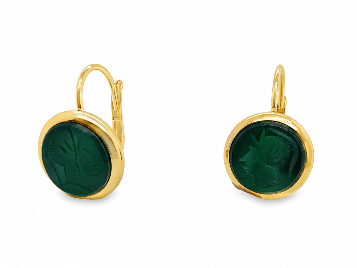 14kt Yellow Gold Carved Chrysoprase Drop Earrings