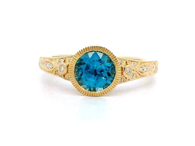 Yellow Gold Blue Zircon and Diamond Ring