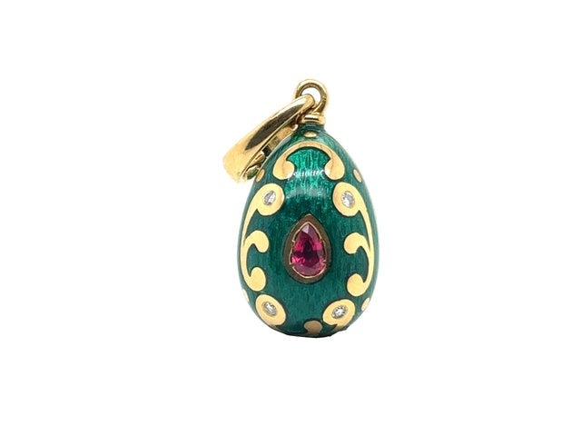 Fabergé x Victor Mayer 18K yellow gold green enamel egg pendant