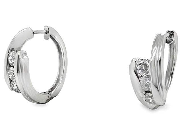 14kt White Gold Natural Diamond Crossover Hoop Earrings