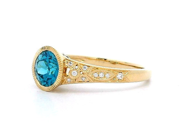 Yellow Gold Blue Zircon and Diamond Ring