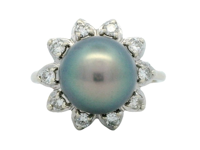 Black Pearl & Diamond Ring