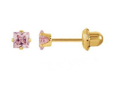 14KY 3mm Square Pink CZ Stud