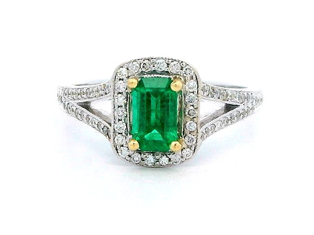 18KT Halo Emerald and Diamond Ring