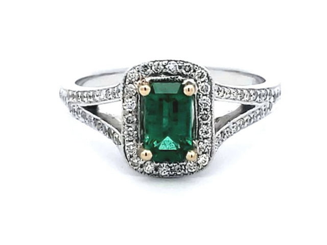 18KT Halo Emerald and Diamond Ring