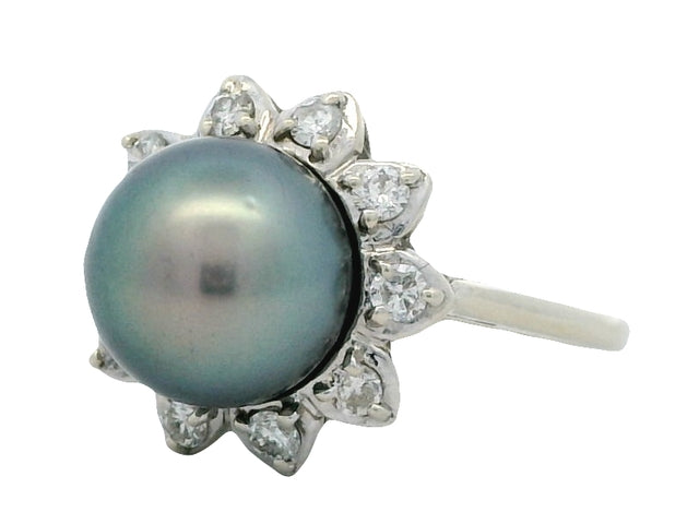 Black Pearl & Diamond Ring