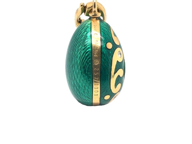 Fabergé x Victor Mayer 18K yellow gold green enamel egg pendant